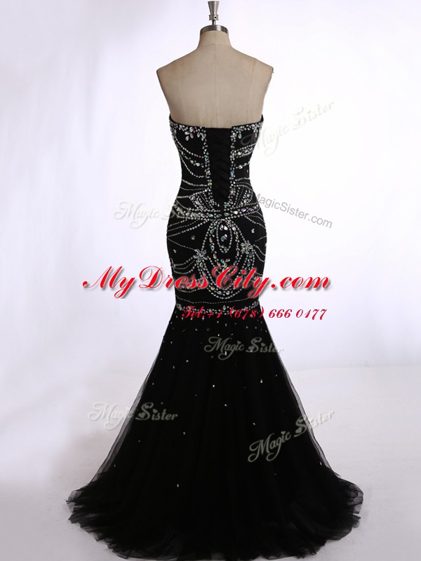 Mermaid Black Zipper Sweetheart Beading Prom Evening Gown Tulle Sleeveless Brush Train