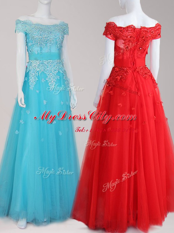 Admirable Aqua Blue A-line Tulle Off The Shoulder Cap Sleeves Beading and Appliques Floor Length Zipper Prom Evening Gown