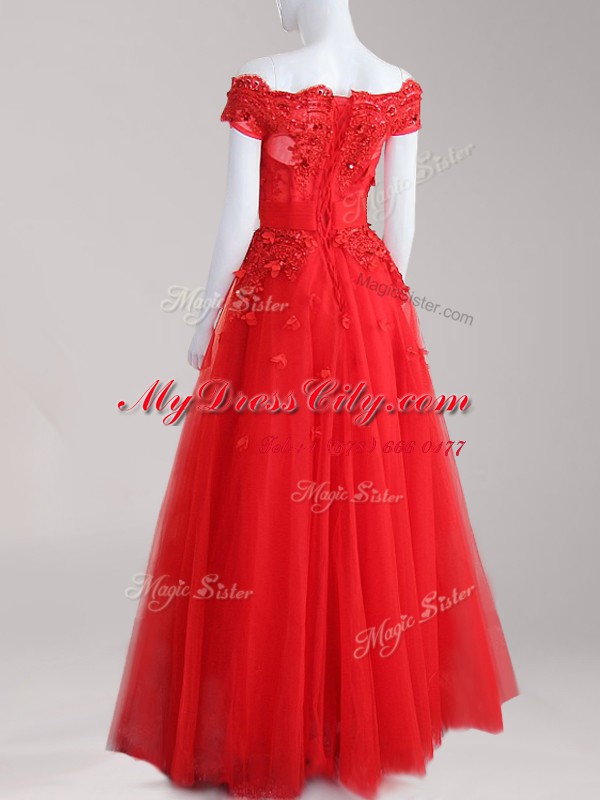 Admirable Aqua Blue A-line Tulle Off The Shoulder Cap Sleeves Beading and Appliques Floor Length Zipper Prom Evening Gown