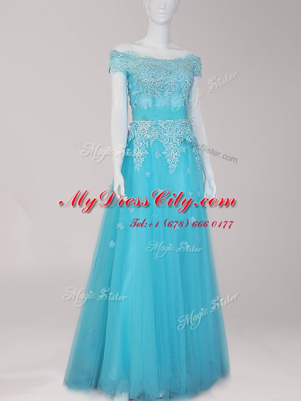 Admirable Aqua Blue A-line Tulle Off The Shoulder Cap Sleeves Beading and Appliques Floor Length Zipper Prom Evening Gown