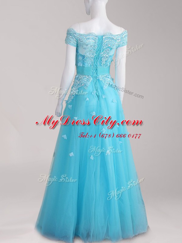 Admirable Aqua Blue A-line Tulle Off The Shoulder Cap Sleeves Beading and Appliques Floor Length Zipper Prom Evening Gown