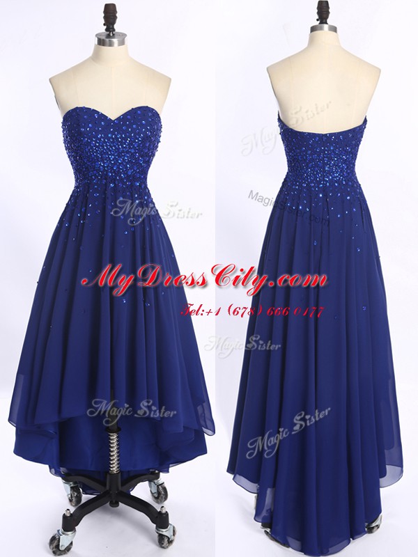 Cheap Royal Blue A-line Chiffon Sweetheart Sleeveless Beading High Low Zipper Prom Dress