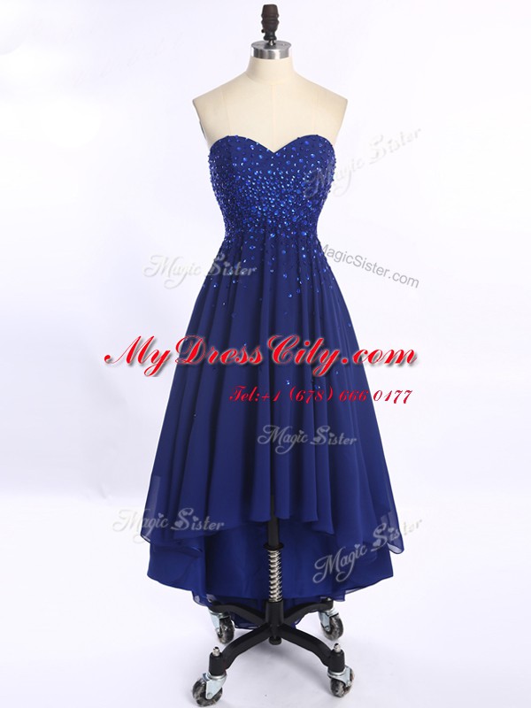 Cheap Royal Blue A-line Chiffon Sweetheart Sleeveless Beading High Low Zipper Prom Dress