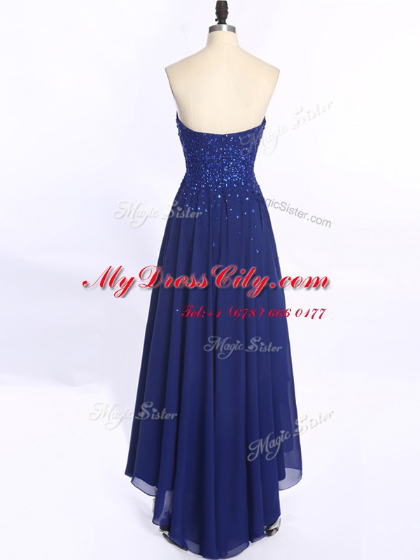 Cheap Royal Blue A-line Chiffon Sweetheart Sleeveless Beading High Low Zipper Prom Dress