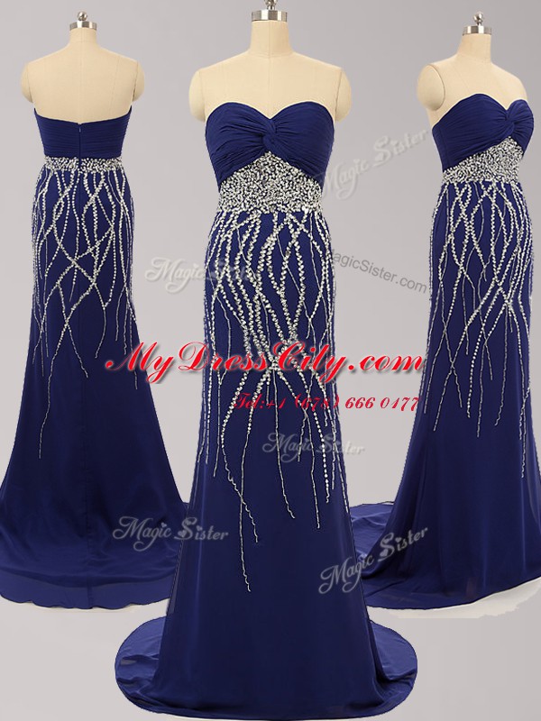 Traditional Navy Blue Sleeveless Chiffon Brush Train Zipper Prom Dress for Prom