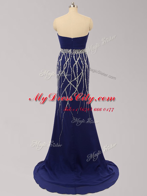 Traditional Navy Blue Sleeveless Chiffon Brush Train Zipper Prom Dress for Prom