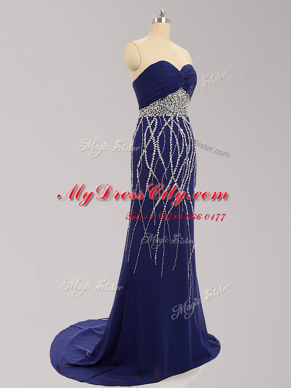 Traditional Navy Blue Sleeveless Chiffon Brush Train Zipper Prom Dress for Prom