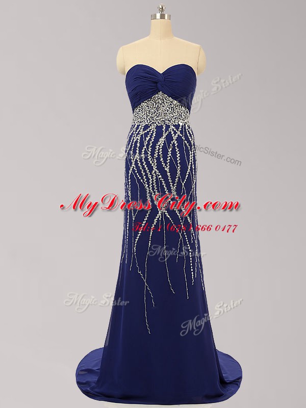 Traditional Navy Blue Sleeveless Chiffon Brush Train Zipper Prom Dress for Prom