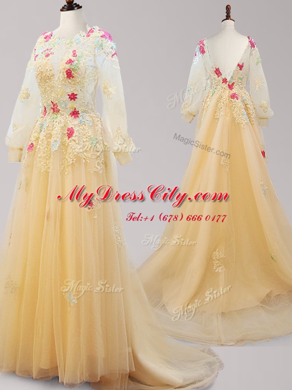 Affordable Scoop Long Sleeves Tulle Brush Train Backless Pageant Dress Toddler in Gold with Appliques