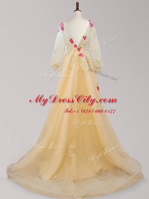 Affordable Scoop Long Sleeves Tulle Brush Train Backless Pageant Dress Toddler in Gold with Appliques