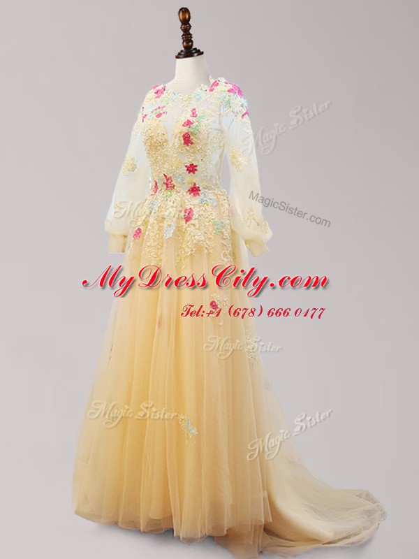 Affordable Scoop Long Sleeves Tulle Brush Train Backless Pageant Dress Toddler in Gold with Appliques