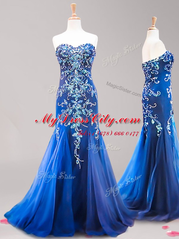 Mermaid Royal Blue Tulle Zipper Dress for Prom Sleeveless Brush Train Beading and Appliques