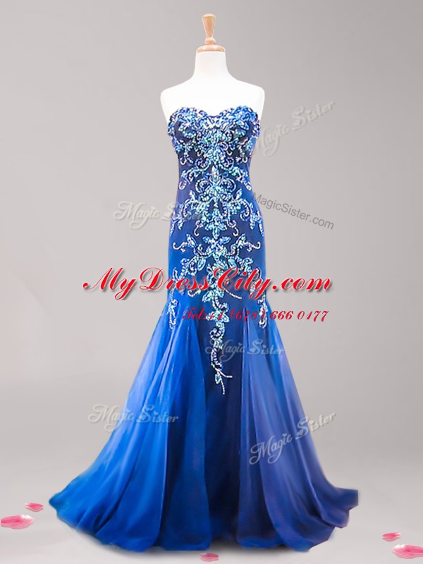 Mermaid Royal Blue Tulle Zipper Dress for Prom Sleeveless Brush Train Beading and Appliques