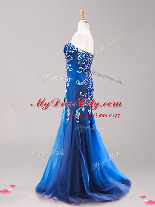 Mermaid Royal Blue Tulle Zipper Dress for Prom Sleeveless Brush Train Beading and Appliques