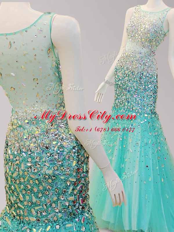 Mermaid Scoop Sleeveless Beading Side Zipper Prom Dresses with Turquoise Brush Train