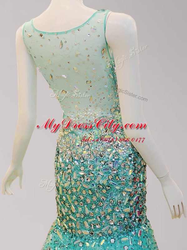 Mermaid Scoop Sleeveless Beading Side Zipper Prom Dresses with Turquoise Brush Train