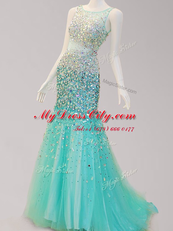 Mermaid Scoop Sleeveless Beading Side Zipper Prom Dresses with Turquoise Brush Train