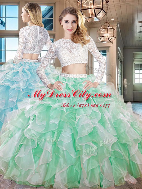 Scoop Long Sleeves Zipper Quinceanera Dress Apple Green Organza