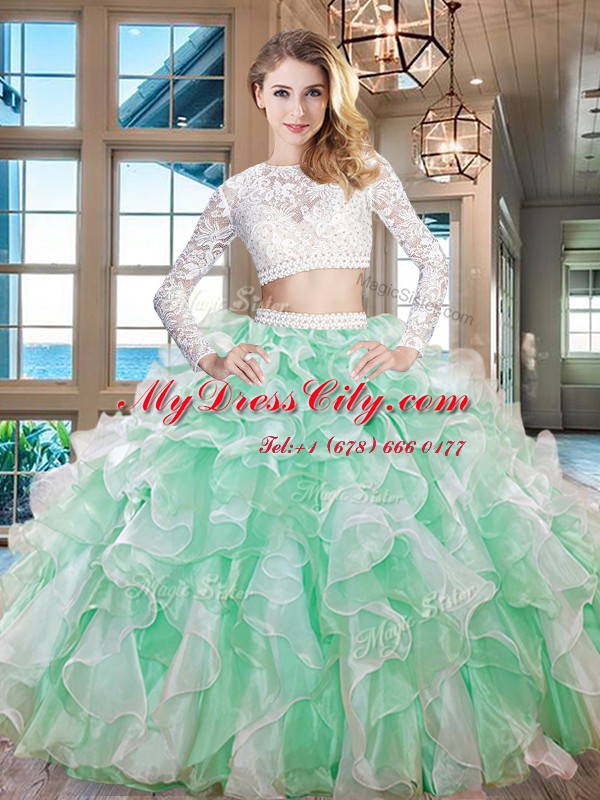 Scoop Long Sleeves Zipper Quinceanera Dress Apple Green Organza