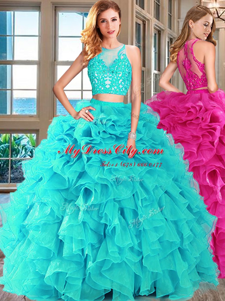 Colorful Scoop Organza Sleeveless Floor Length Quinceanera Dress and Appliques and Ruffles