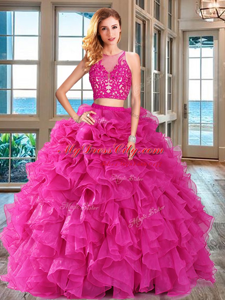 Colorful Scoop Organza Sleeveless Floor Length Quinceanera Dress and Appliques and Ruffles