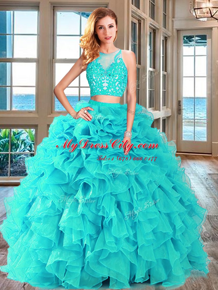 Colorful Scoop Organza Sleeveless Floor Length Quinceanera Dress and Appliques and Ruffles