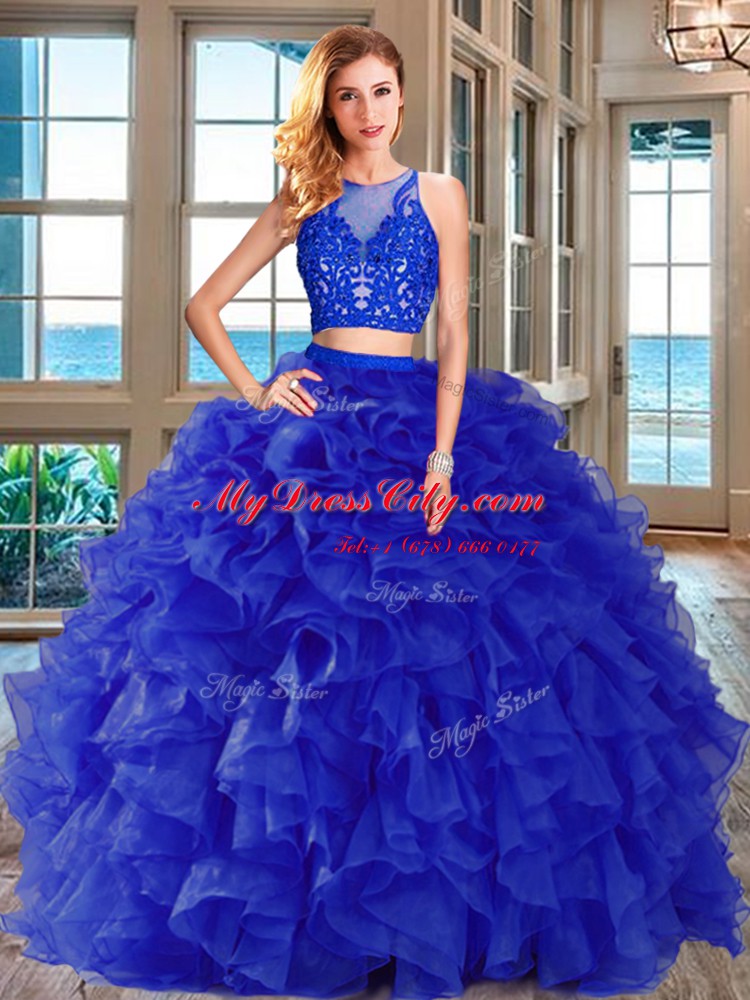 Colorful Scoop Organza Sleeveless Floor Length Quinceanera Dress and Appliques and Ruffles