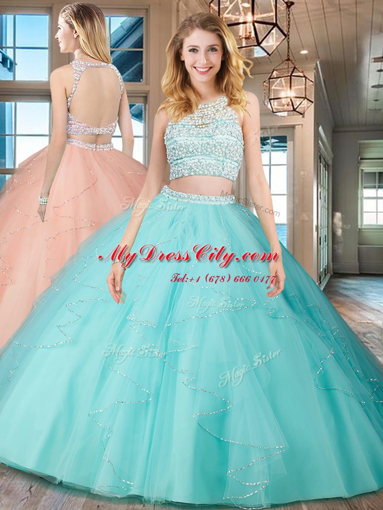 Ideal Scoop Beading and Ruffles Sweet 16 Dress Aqua Blue Backless Sleeveless Floor Length