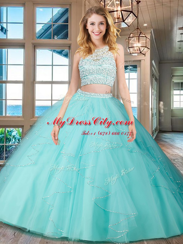 Ideal Scoop Beading and Ruffles Sweet 16 Dress Aqua Blue Backless Sleeveless Floor Length