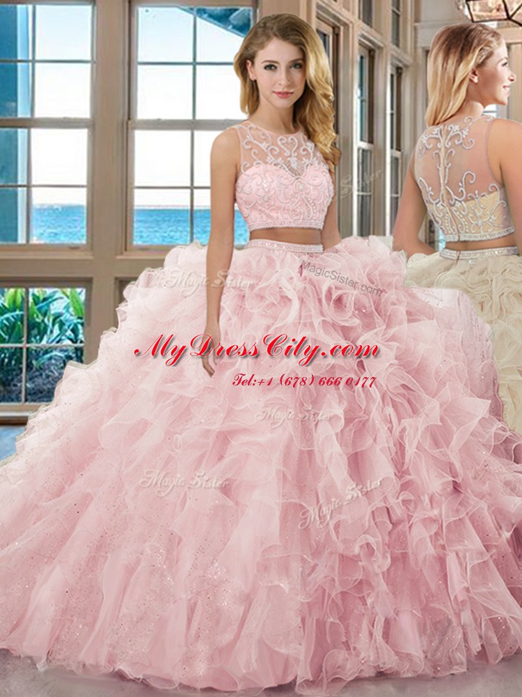 Baby Pink Scoop Neckline Beading and Ruffles Sweet 16 Dress Sleeveless Zipper