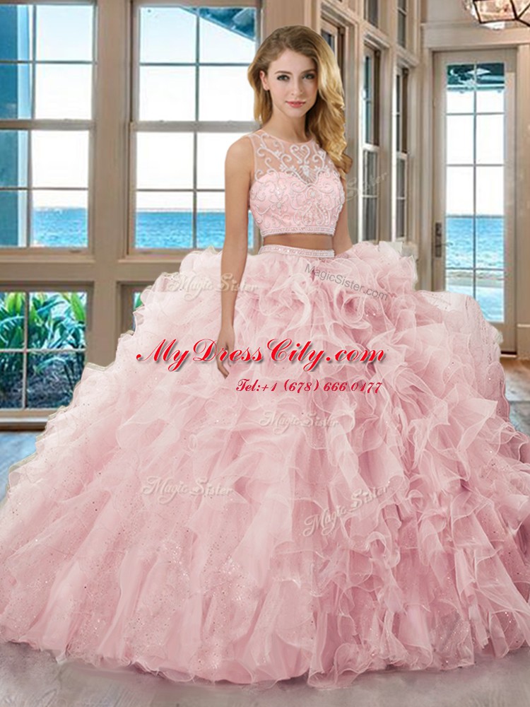 Baby Pink Scoop Neckline Beading and Ruffles Sweet 16 Dress Sleeveless Zipper