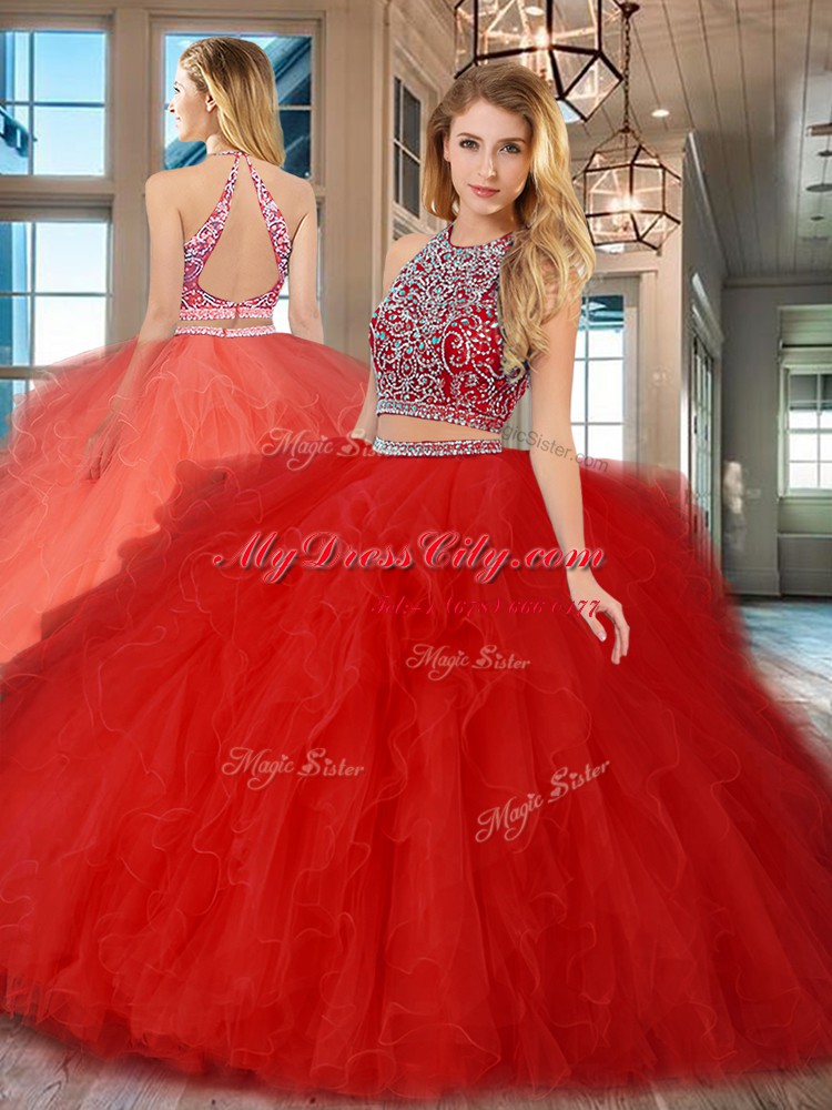 Scoop Red Sleeveless Floor Length Beading and Ruffles Backless Ball Gown Prom Dress