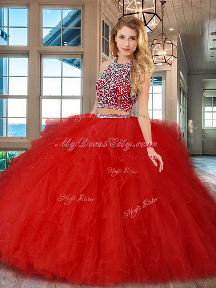 Scoop Red Sleeveless Floor Length Beading and Ruffles Backless Ball Gown Prom Dress