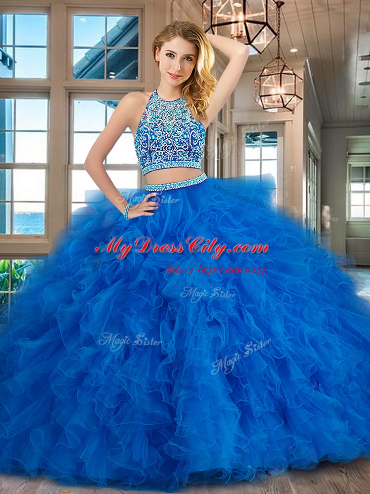 Luxurious Blue Scoop Backless Beading and Ruffles Sweet 16 Dresses Sleeveless