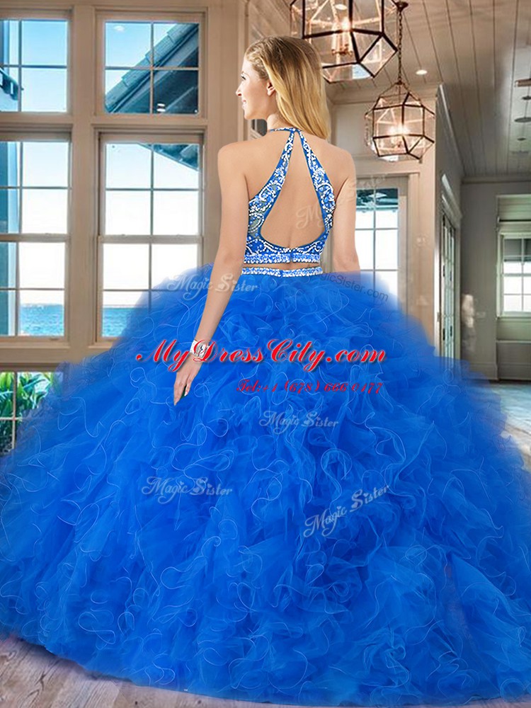 Luxurious Blue Scoop Backless Beading and Ruffles Sweet 16 Dresses Sleeveless