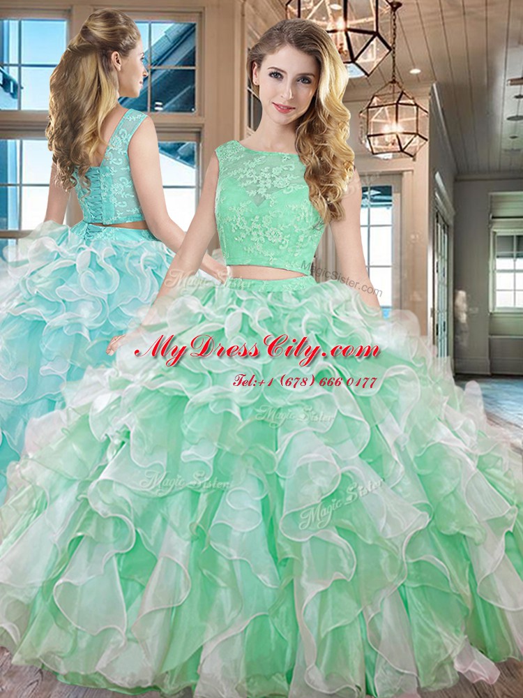 Beautiful Floor Length Apple Green Quinceanera Gowns Organza Sleeveless Lace and Ruffles