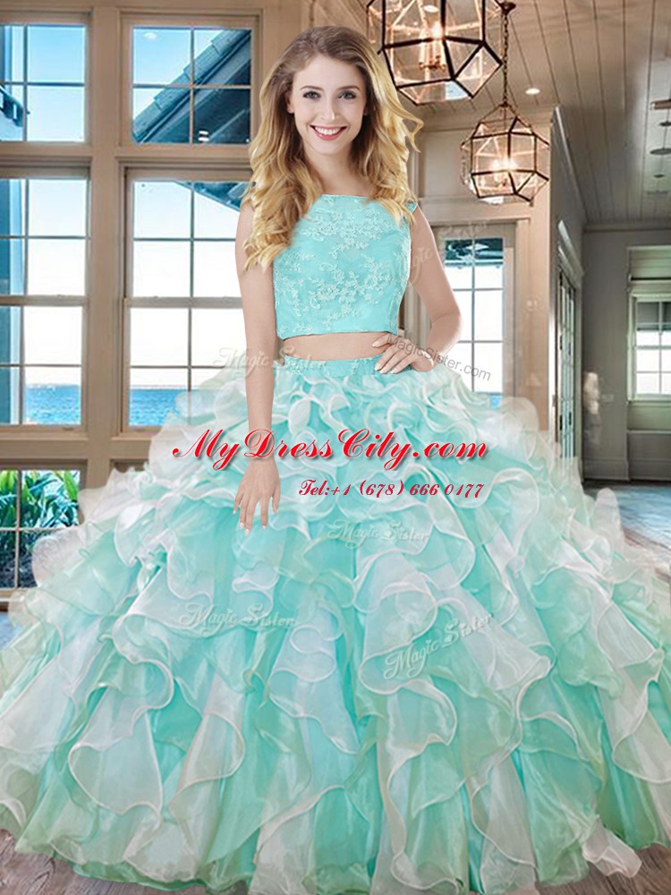 Beautiful Floor Length Apple Green Quinceanera Gowns Organza Sleeveless Lace and Ruffles