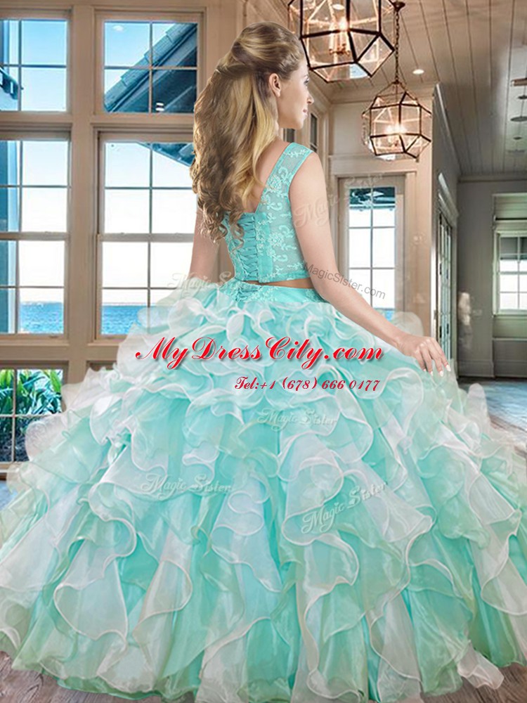 Beautiful Floor Length Apple Green Quinceanera Gowns Organza Sleeveless Lace and Ruffles