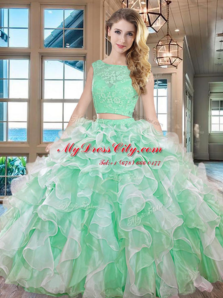 Beautiful Floor Length Apple Green Quinceanera Gowns Organza Sleeveless Lace and Ruffles