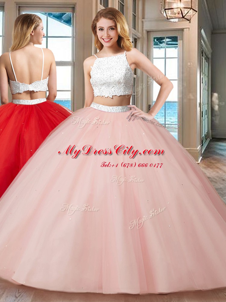 Clearance Two Pieces Ball Gown Prom Dress Pink Straps Tulle Sleeveless Floor Length Backless