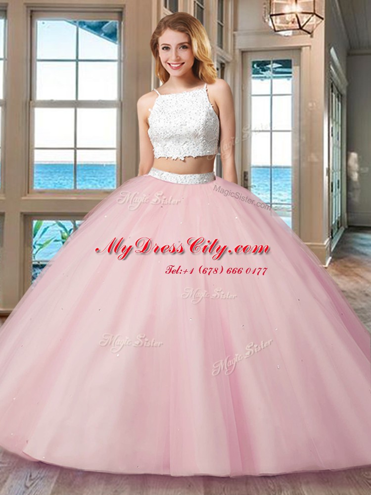 Clearance Two Pieces Ball Gown Prom Dress Pink Straps Tulle Sleeveless Floor Length Backless