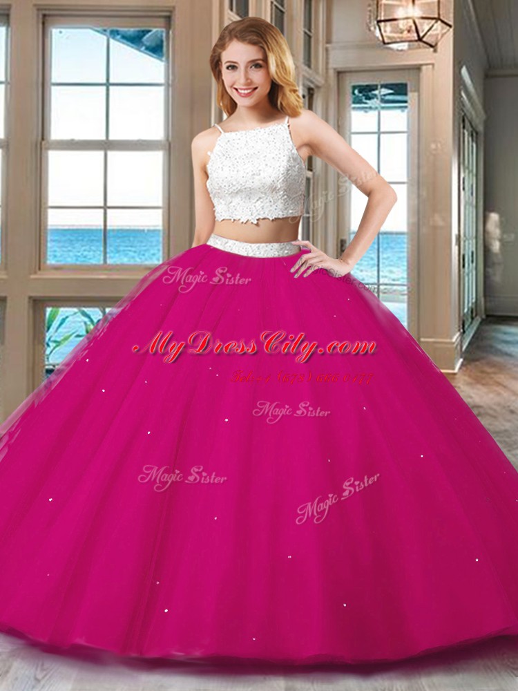 Clearance Two Pieces Ball Gown Prom Dress Pink Straps Tulle Sleeveless Floor Length Backless