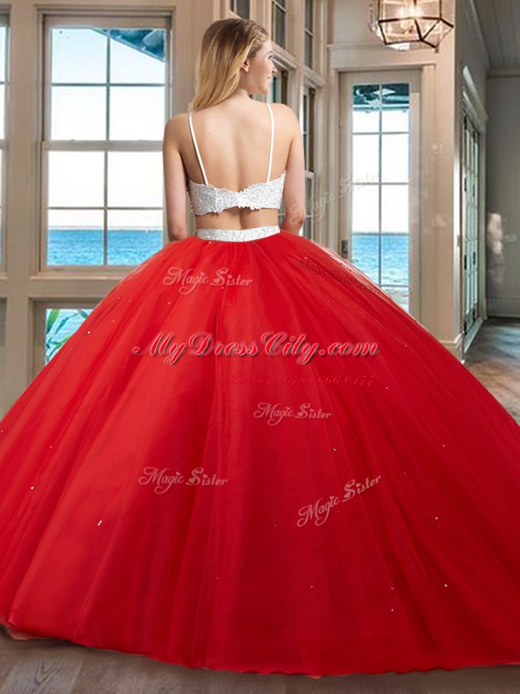 Clearance Two Pieces Ball Gown Prom Dress Pink Straps Tulle Sleeveless Floor Length Backless