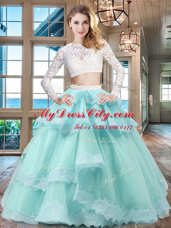 Aqua Blue Scoop Zipper Beading and Lace and Ruffled Layers 15th Birthday Dress Long Sleeves