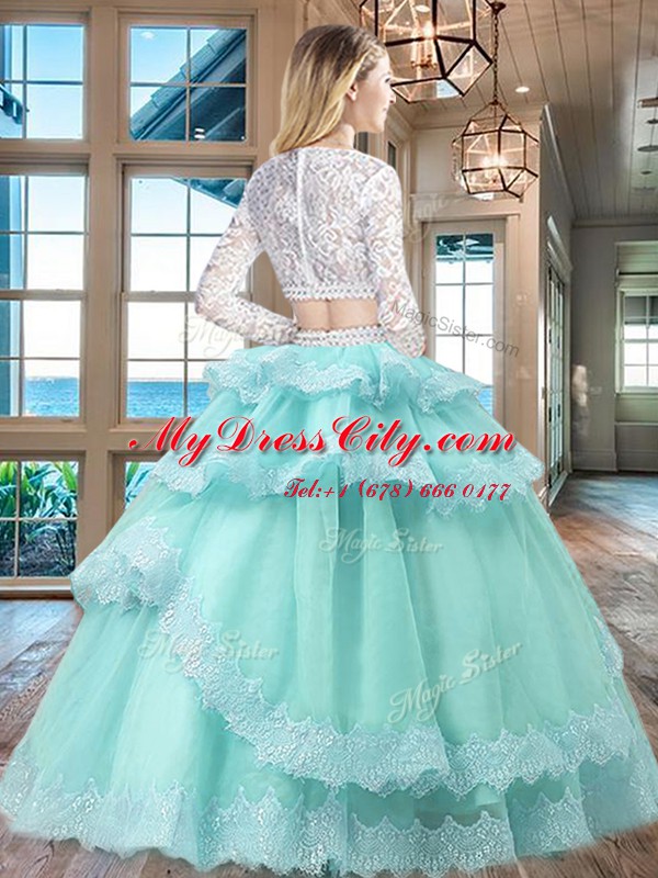 Aqua Blue Scoop Zipper Beading and Lace and Ruffled Layers 15th Birthday Dress Long Sleeves