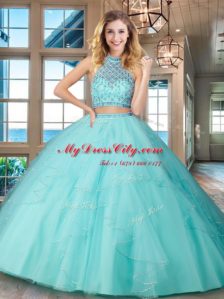 Halter Top Aqua Blue Tulle Backless Vestidos de Quinceanera Sleeveless Floor Length Beading and Ruffles