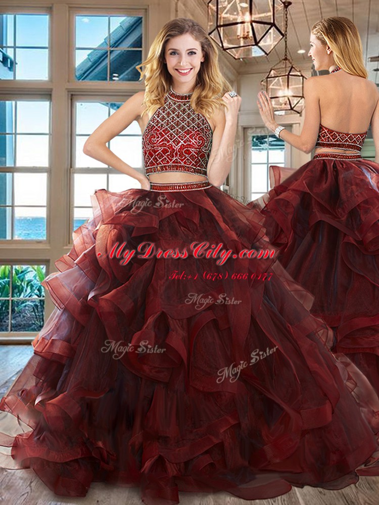 Inexpensive Tulle Halter Top Sleeveless Brush Train Backless Beading and Ruffles Quinceanera Dress in Burgundy