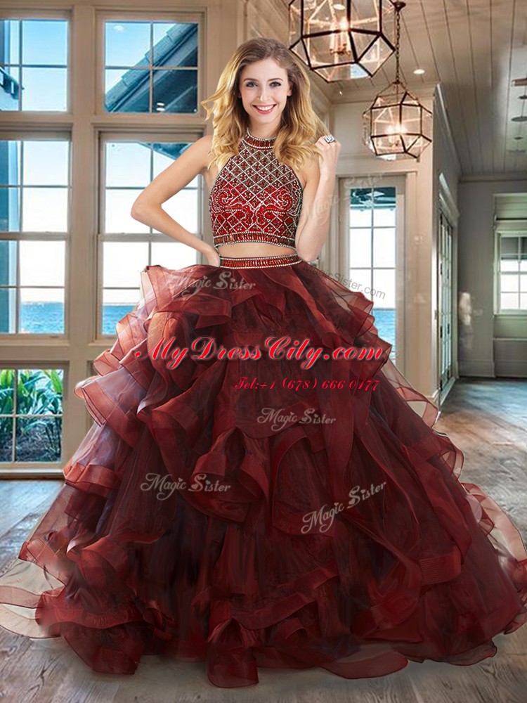 Inexpensive Tulle Halter Top Sleeveless Brush Train Backless Beading and Ruffles Quinceanera Dress in Burgundy