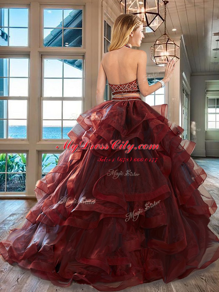 Inexpensive Tulle Halter Top Sleeveless Brush Train Backless Beading and Ruffles Quinceanera Dress in Burgundy