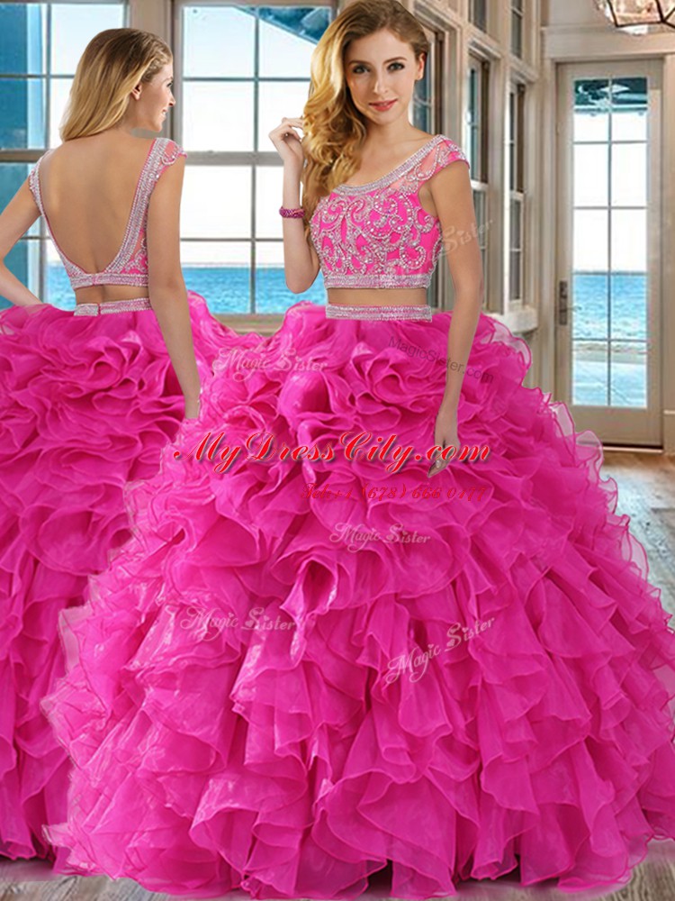 Scoop Cap Sleeves Beading and Ruffles Backless Quince Ball Gowns